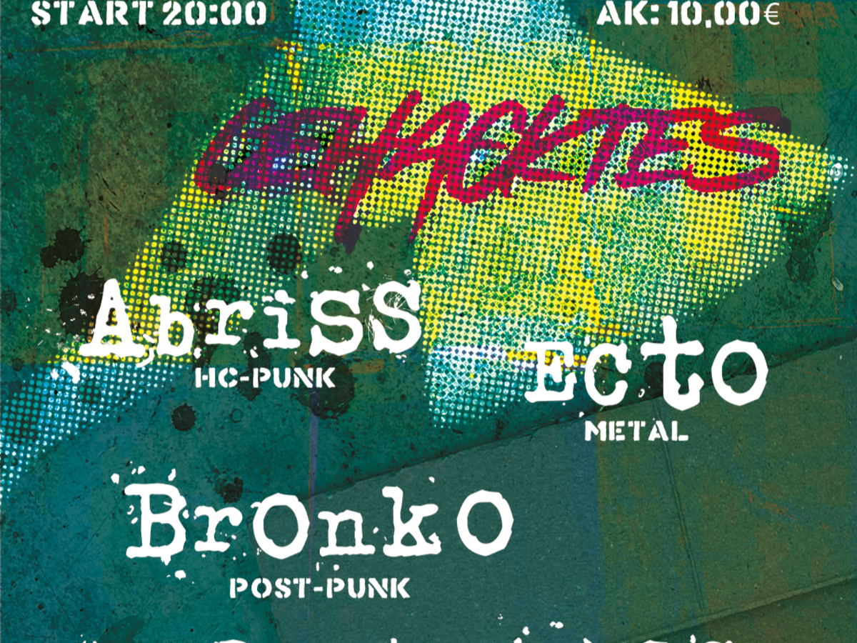 Werbebild zur Konzertreihe "Gehacktes" der WERK°STADT. Mit dabei sind die Bands Abriss, Bronko, Poorkids und Ecto.