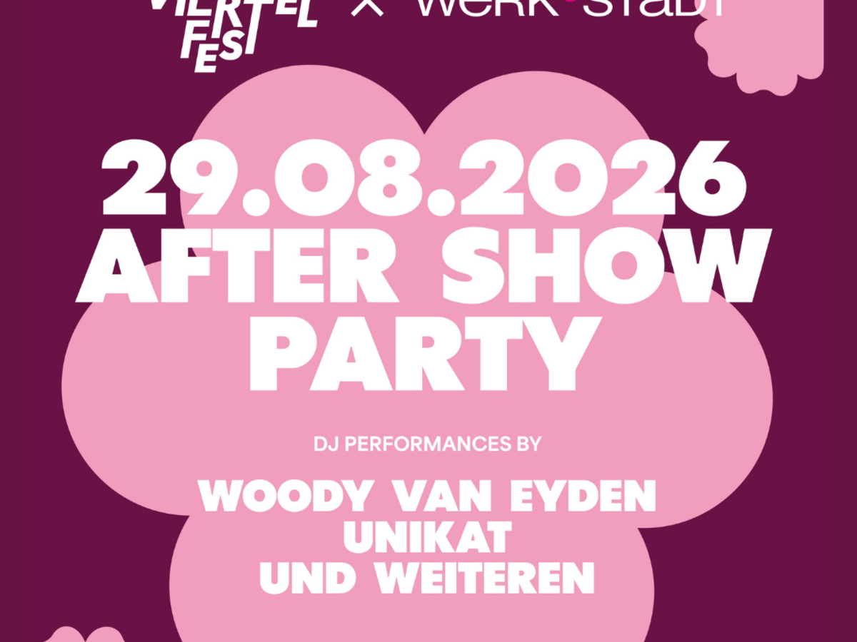 Zu sehen ist das Werbebild für die Wiesenviertel Aftershowparty am 29.08.26 um 22:00 Uhr in der WERK°STADT. Der Hintergrund ist in gedecktem burgundert gestaltet. Im Vordergrund sind rosafarbene florale Muster zu sehen.