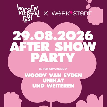 Zu sehen ist das Werbebild für die Wiesenviertel Aftershowparty am 29.08.26 um 22:00 Uhr in der WERK°STADT. Der Hintergrund ist in gedecktem burgundert gestaltet. Im Vordergrund sind rosafarbene florale Muster zu sehen.