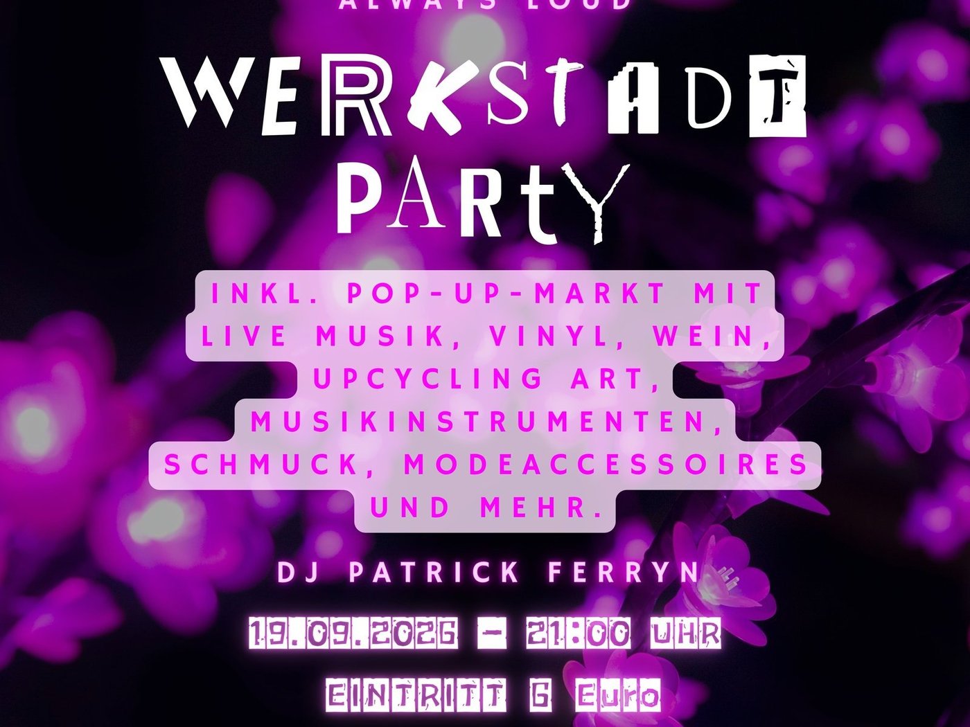 Werbebild für die WERK°STADT Party am 19.09.26