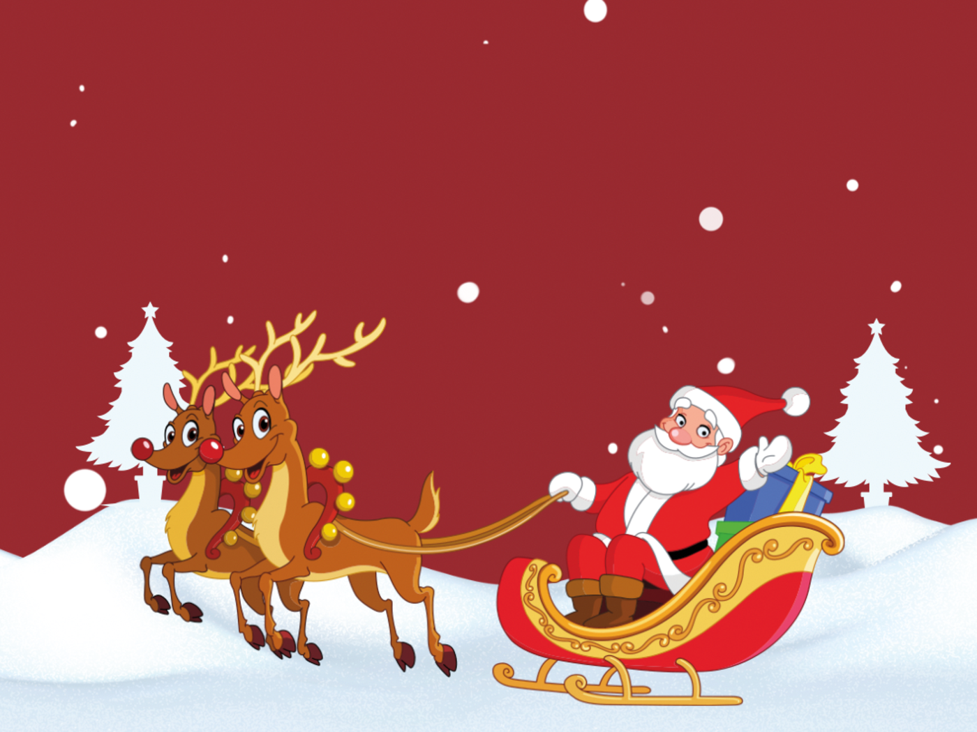 Eine Illustration, auf der ein Weihnachtsmann im Schlitten von zwei Rentieren durch eine schneebedeckte Landschaft gezogen wird.