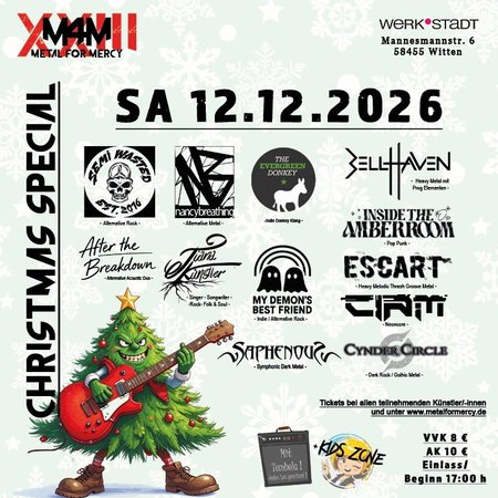 Zu sehen ist das Werbebild für das Christmas Special der Konzertreiche "Metal for Mercy". Dem Bild ist zu entnehmen, dass dies am 12.12.26 in der WERK°STADT mit 12 auftretenden Bands stattfindet.