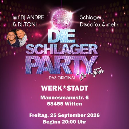 Werbebild für die Schlagerparty in der WERK°STADT am 25.09.26.