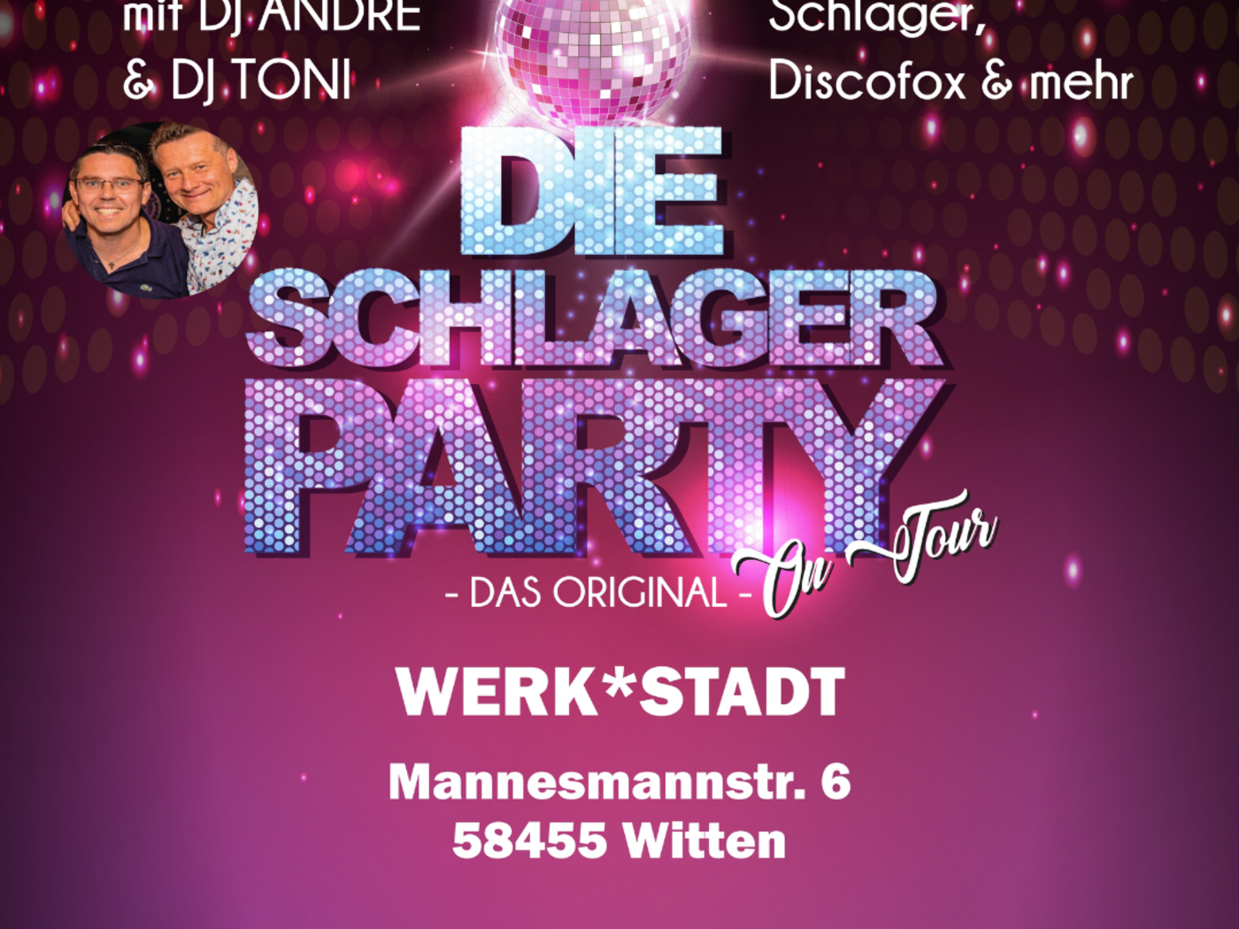 Werbebild für die Schlagerparty in der WERK°STADT am 25.09.26.