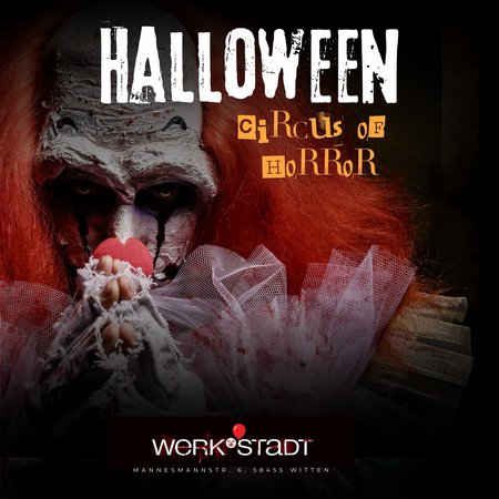 Auf dem Bild zu sehen ist die Überschrift "Halloween" in einer weißen Schrift. Im Hintergrund ist ein Horrorclown mit einer gruseligen Erscheinung zu sehen. Die Unterschrift lautet "Circus of Horror".