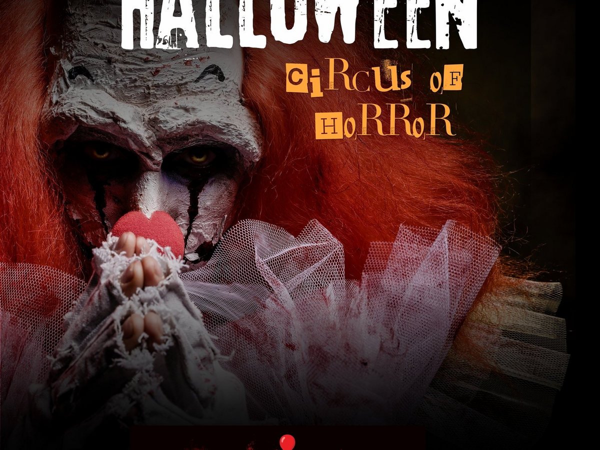 Auf dem Bild zu sehen ist die Überschrift "Halloween" in einer weißen Schrift. Im Hintergrund ist ein Horrorclown mit einer gruseligen Erscheinung zu sehen. Die Unterschrift lautet "Circus of Horror".